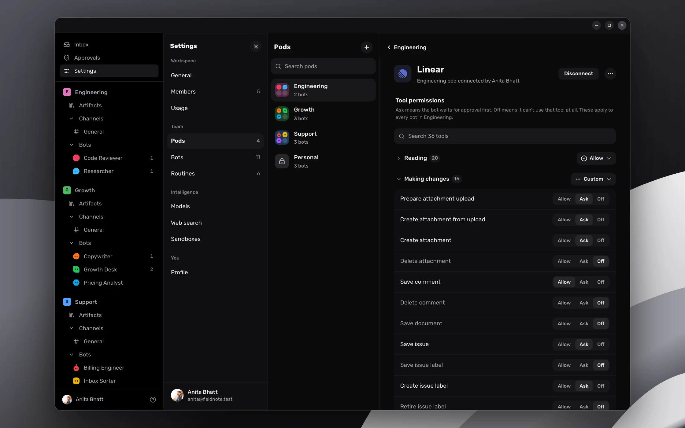 Connect any MCP server: Plug in Linear, Notion or anything else once for the whole team. Bots ask before each tool call, or run freely.