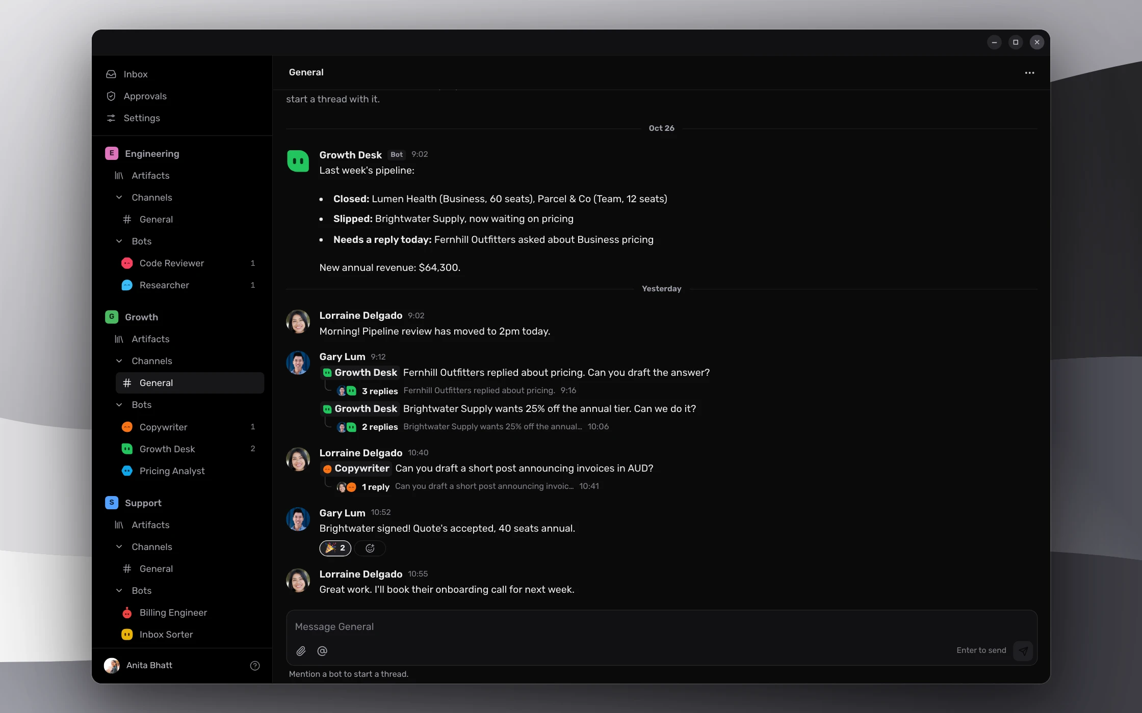 One thread: People and bots reply, thread and react the same way.