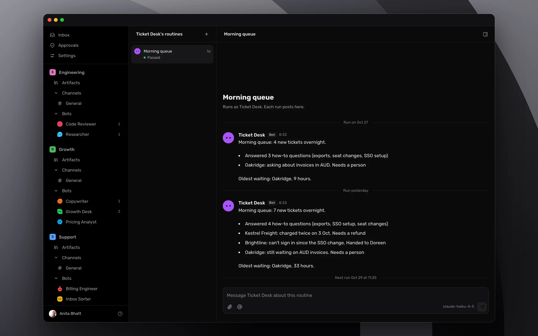 Routines: Scheduled work posts where the whole team sees it, not to one person’s inbox.